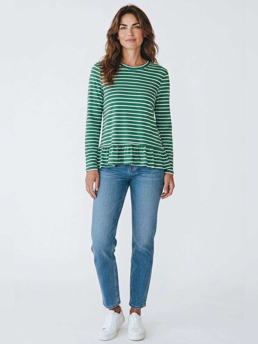 English Factory Long Sleeve Striped Ruffle Bottom Tee // Green // Small